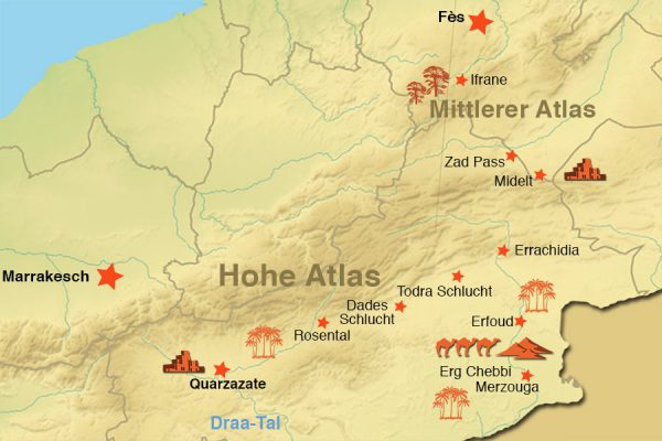 Karte von Touren mit Caravane de Rêve von Fès nach Marrakesch
