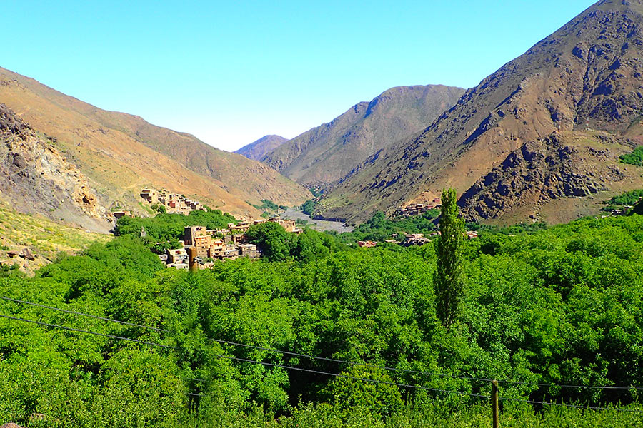 Djebel Toubkal mit Walnussbäumen im Hohen Atlas
